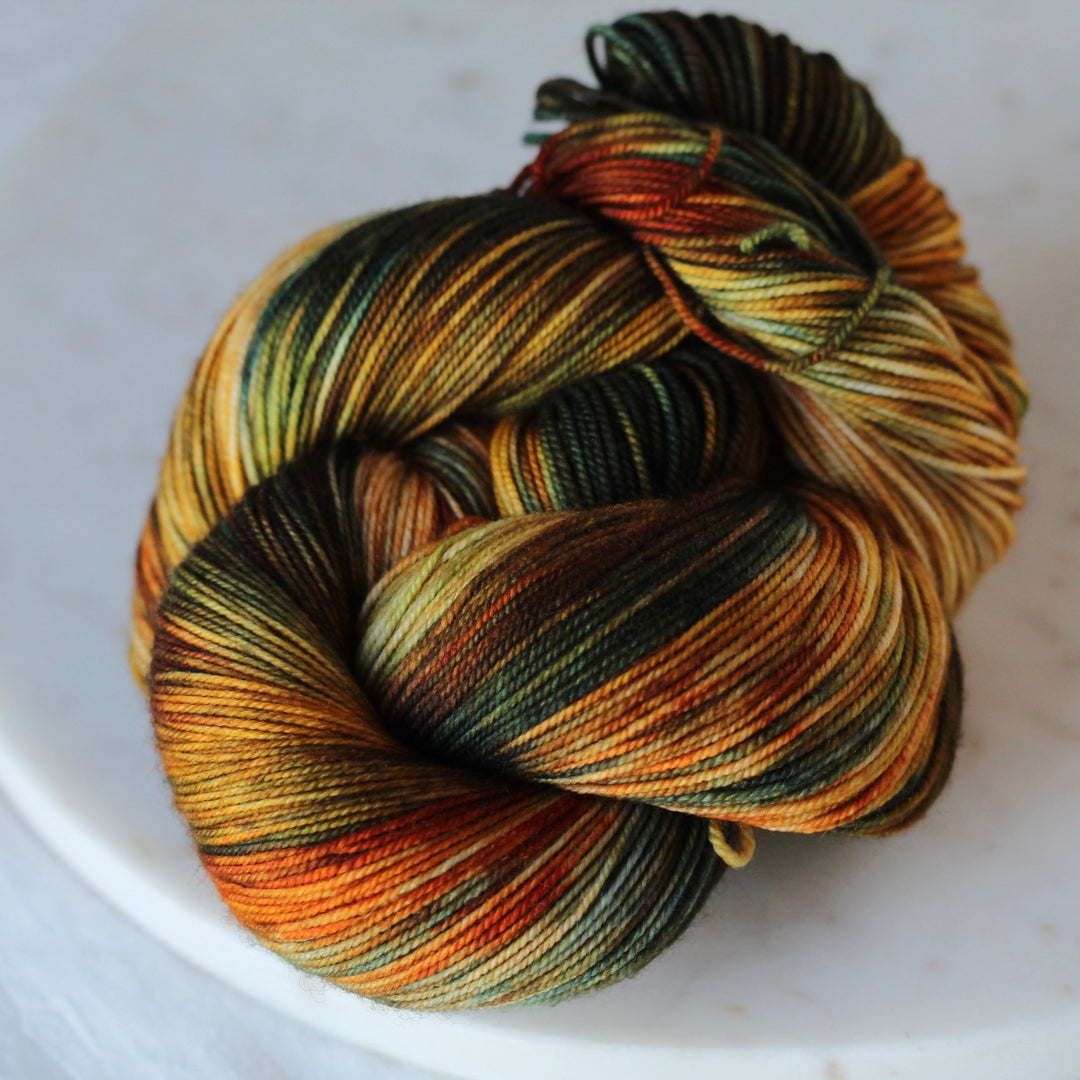 Multicolored skein of yarn on a white plate