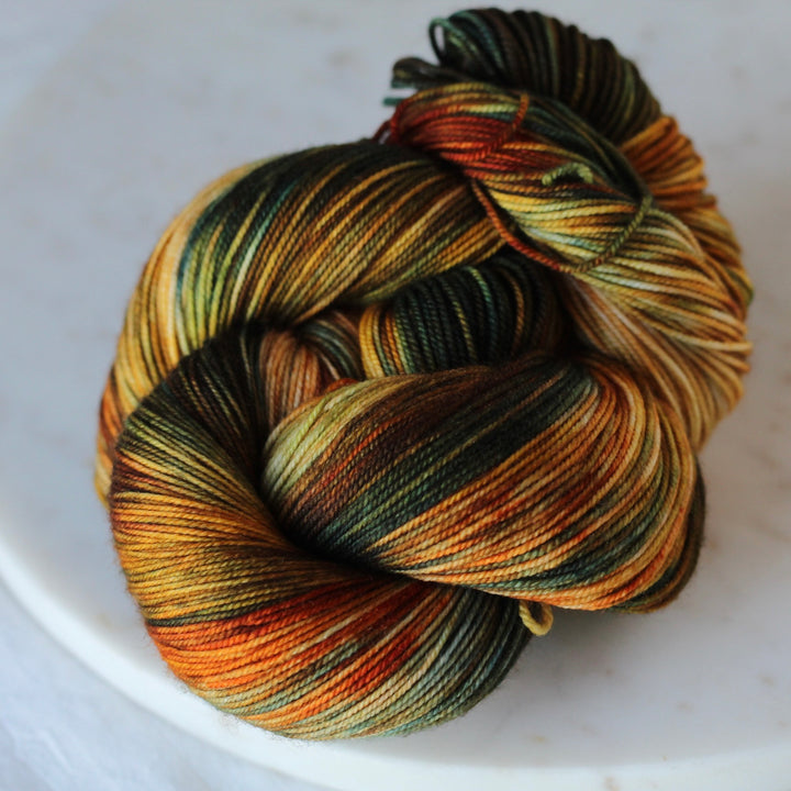 Multicolored skein of yarn on a white plate