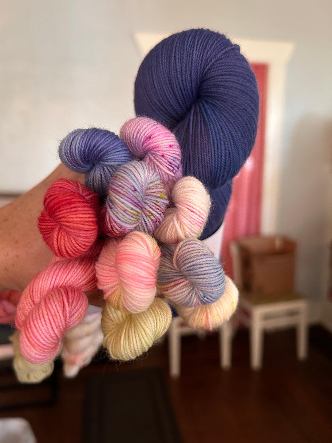 A hand holding a bundle of multiple variegated yarn skeins in different colors, including navy blue, purple, pink, red, and cream, with a blurred indoor room in the background.